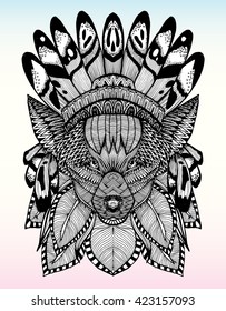 Portrait of a wolf. The dog's head. Line art. Black and white drawing by hand. Stylized. Decorative. Tattoo. Indian wolf. Wolf decorated with feathers.