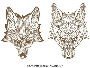 Portrait of a wolf. The dog's head. Line art. Black and white drawing by hand. Stylized. Decorative. Tattoo. Indian wolf. Wolf decorated with feathers.