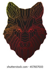 Portrait of a wolf. The dog's head. Line art. Black and white drawing by hand. Stylized. Decorative. Tattoo. Indian wolf. Wolf decorated with feathers.