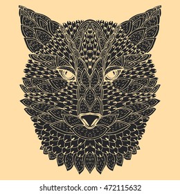 Portrait of a wolf. The dog's head. Line art. Black and white drawing by hand. Stylized. Decorative. Tattoo. Indian wolf. Wolf decorated with feathers.