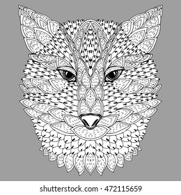 Portrait of a wolf. The dog's head. Line art. Black and white drawing by hand. Stylized. Decorative. Tattoo. Indian wolf. Wolf decorated with feathers.