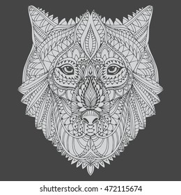 Portrait of a wolf. The dog's head. Line art. Black and white drawing by hand. Stylized. Decorative. Tattoo. Indian wolf. Wolf decorated with feathers.