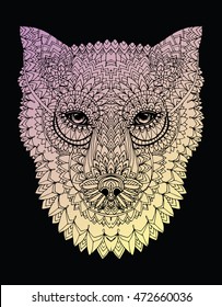 Portrait of a wolf. The dog's head. Line art. Black and white drawing by hand. Stylized. Decorative. Tattoo. Indian wolf. Wolf decorated with feathers.