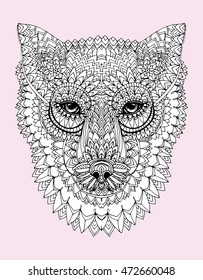 Portrait of a wolf. The dog's head. Line art. Black and white drawing by hand. Stylized. Decorative. Tattoo. Indian wolf. Wolf decorated with feathers.