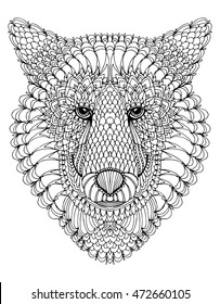 Portrait of a wolf. The dog's head. Line art. Black and white drawing by hand. Stylized. Decorative. Tattoo. Indian wolf. Wolf decorated with feathers.