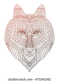 Portrait of a wolf. The dog's head. Line art. Black and white drawing by hand. Stylized. Decorative. Tattoo. Indian wolf. Wolf decorated with feathers.