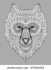 Portrait of a wolf. The dog's head. Line art. Black and white drawing by hand. Stylized. Decorative. Tattoo. Indian wolf. Wolf decorated with feathers.