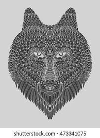 Portrait of a wolf. The dog's head. Line art. Black and white drawing by hand. Stylized. Decorative. Tattoo. Indian wolf. Wolf decorated with feathers.