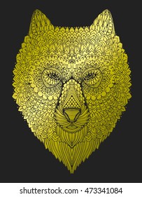 Portrait of a wolf. The dog's head. Line art. Black and white drawing by hand. Stylized. Decorative. Tattoo. Indian wolf. Wolf decorated with feathers.