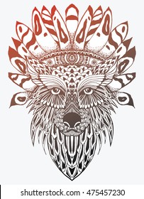 Portrait of a wolf. The dog's head. Line art. Black and white drawing by hand. Stylized. Decorative. Tattoo. Indian wolf. Wolf decorated with feathers.
