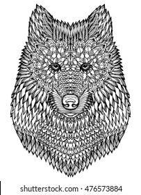 Portrait of a wolf. The dog's head. Line art. Black and white drawing by hand. Stylized. Decorative. Tattoo. Indian wolf. 