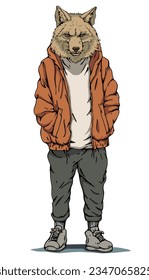 Portrait of Wolf dressed in a jacket and trousers. Hand-drawn illustration. Vector
