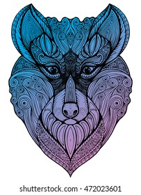 Portrait of a wolf. Flowers. The dog's head. Line art. Black and white drawing by hand. Stylized. Decorative. Tattoo. Indian wolf. Wolf decorated with feathers.