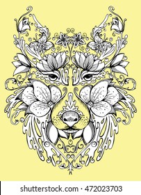 Portrait of a wolf. Flowers. The dog's head. Line art. Black and white drawing by hand. Stylized. Decorative. Tattoo. Indian wolf. Wolf decorated with feathers.