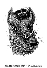 Portrait of a wolf in glasses and with a fashionable hairstyle. Black and white illustration, perfect for use in publications, packaging design, prints, posters.