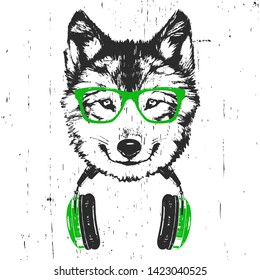 Portrait of Wolf with glasses and headphones. Hand-drawn illustration. T-shirt design. Vector