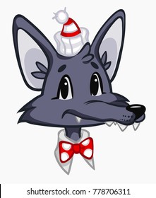 Portrait of a wolf in a hat. Graphics for t-shirts, cards, print. Hand drawn Vector illustration. 