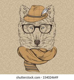 Portrait of Wolf Hipster in Hat, Knitted Scarf and Glasses