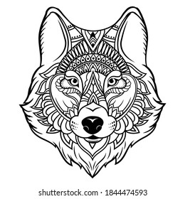 Portrait of a wolf. Illustration of a zentangle head a dog. Stylized portrait of a wolf. Black and white hand drawn. Indian wolf. Ethnic wild animals. Tattoo. svg