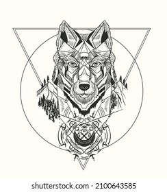 Portrait of a wolf. Illustration of a zentangle head a dog. Stylized portrait of a wolf. Black and white hand drawn. Indian wolf. Ethnic wild animals. Tattoo.
