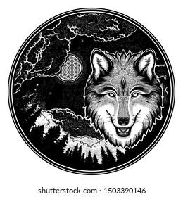 Portrait of a wolf on a background of mountain landscape.Dreamy magic art. Night, nature, wicca symbol. Isolated vector illustration. Great outdoors, tattoo and t-shirt design.