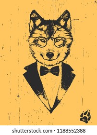 Portrait of Wolf in suit, hand-drawn illustration, vector