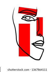 Portrait a woman in abstract one line style with black, red and white colorful elements. Hand drawn vector illustration for your contemporary creative trendy fashion design, poster, card. 