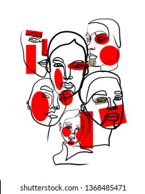 Portrait a woman in abstract one line style with black, red and white colorful elements. Hand drawn vector illustration for your contemporary creative trendy fashion design, poster, card. 