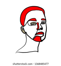 Portrait a woman in abstract one line style with black, red and white colorful elements. Hand drawn vector illustration for your contemporary creative trendy fashion design, poster, card. 