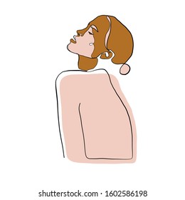 Portrait a woman in abstract one line style with pale pink and brown colorful elements. Hand drawn vector illustration for your contemporary creative trendy fashion design, poster, card.
