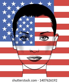 Portrait of a woman with the american flag painted on her face. USA independence day concept . Realistic style colorful illustration. Vintage engravings stylized as a drawing. Vector illustration.