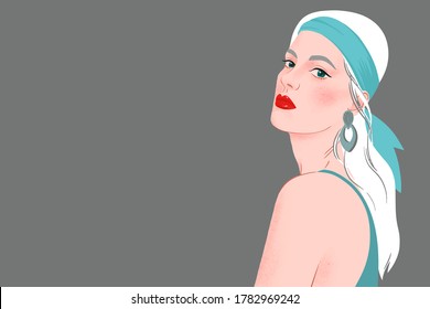 Portrait of a woman with bandana on her head. Beautiful woman with elegant makeup and blond long hair on gray background. Modern flat vector illustration. Fashion model pose, beauty look. Copy space.