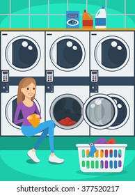 Portrait of woman with basket of clothes in laundromat. Flat style