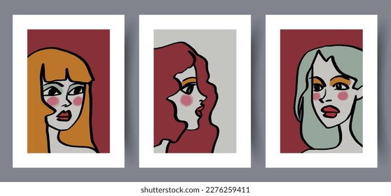 Portrait woman beautiful faces wall art print. Printable minimal abstract poster. Wall artwork for interior design. Contemporary decorative background. 
