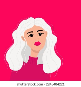 Portrait of woman. Beautiful lady, female. Young girl face. Blonde curly hairstyle. Long white hair. Avatar for social networks. Pink lipstick makeup. Left side. Flat design. Pink background. Vector