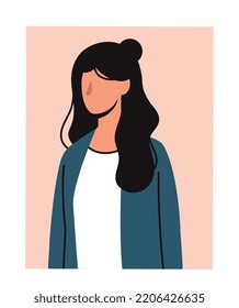 Portrait of woman. Beautiful young girl with black hair. Aesthetics and elegance, fashion and style. Happy character, model for posters and banners for website. Cartoon flat vector illustration