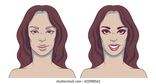 Portrait of a woman before and after with cosmetic defects.