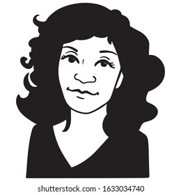 Portrait of a woman with black curly hair who is looking frontally at the camera. avatar, solid color, comic.