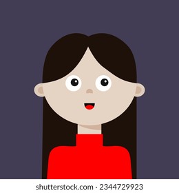 Retrato de mujer. Cabello negro. Cara de niña pequeña. Señora, mujer. Peluquería de brunette. avatar de las redes sociales. Actividades de negocios. Personaje de dibujos animados. Diseño plano. Fondo violento. Vector