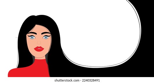 Portrait of woman. Black long hair. Young girl face. Beautiful lady, female. Brunette hairstyle. Avatar for social networks. Red lipstick makeup. Line banner. Flat design. White background. Vector