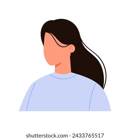 Retrato de mujer con pelo largo negro, personaje femenino sin cara ilustración vectorial