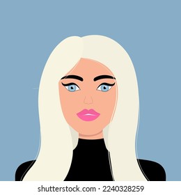 Portrait of woman. Blonde hairstyle. Long white hair. Young girl face. Beautiful lady, female. Front view. Avatar for social networks. Pink lipstick makeup. Flat design. Blue background. Vector
