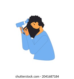 Portrait of woman blow dry curly hair.  Female person styling her hair with diffuser. Vector illustration