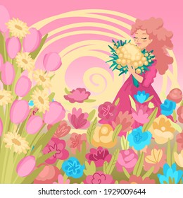Portrait of a woman with a bouquet, flowers around, summer spring congratulation design concept card. Gift congratulation on national women's day on March 8. Vector illustration