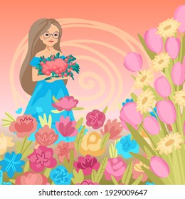 Portrait of a woman with a bouquet, flowers around, summer spring congratulation design concept card. Gift congratulation on national women's day on March 8. Vector illustration