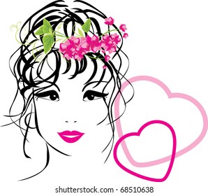 Portrait of woman with bouquet in hair. Valentines icon. Vector