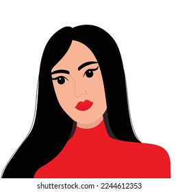 Portrait of woman. Brunette hairstyle. Young girl face. Beautiful lady, female. Avatar for social networks. Black long hair. Red lipstick eyeshadow makeup. Flat design. Red background. Vector