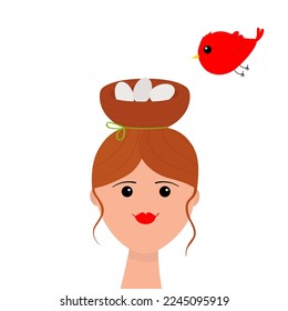 Portrait of woman. Bun hairstyle. Bird nest with eggs. Red hair. Young girl face. Beautiful lady, female. Front view. Avatar for social networks. Red lips. Flat design. White background. Vector