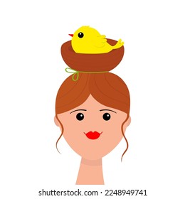 Portrait of woman. Bun hairstyle. Bird nest red hair. Young girl face. Beautiful lady, female. Front view. Avatar for social networks. Red lips. Flat design. White background. Vector