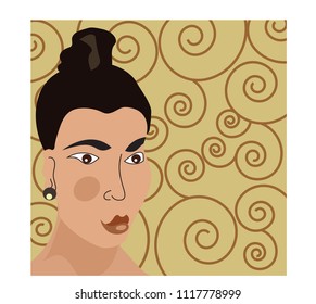 Portrait of a woman with bun. Vector patterned background Gold, black concept